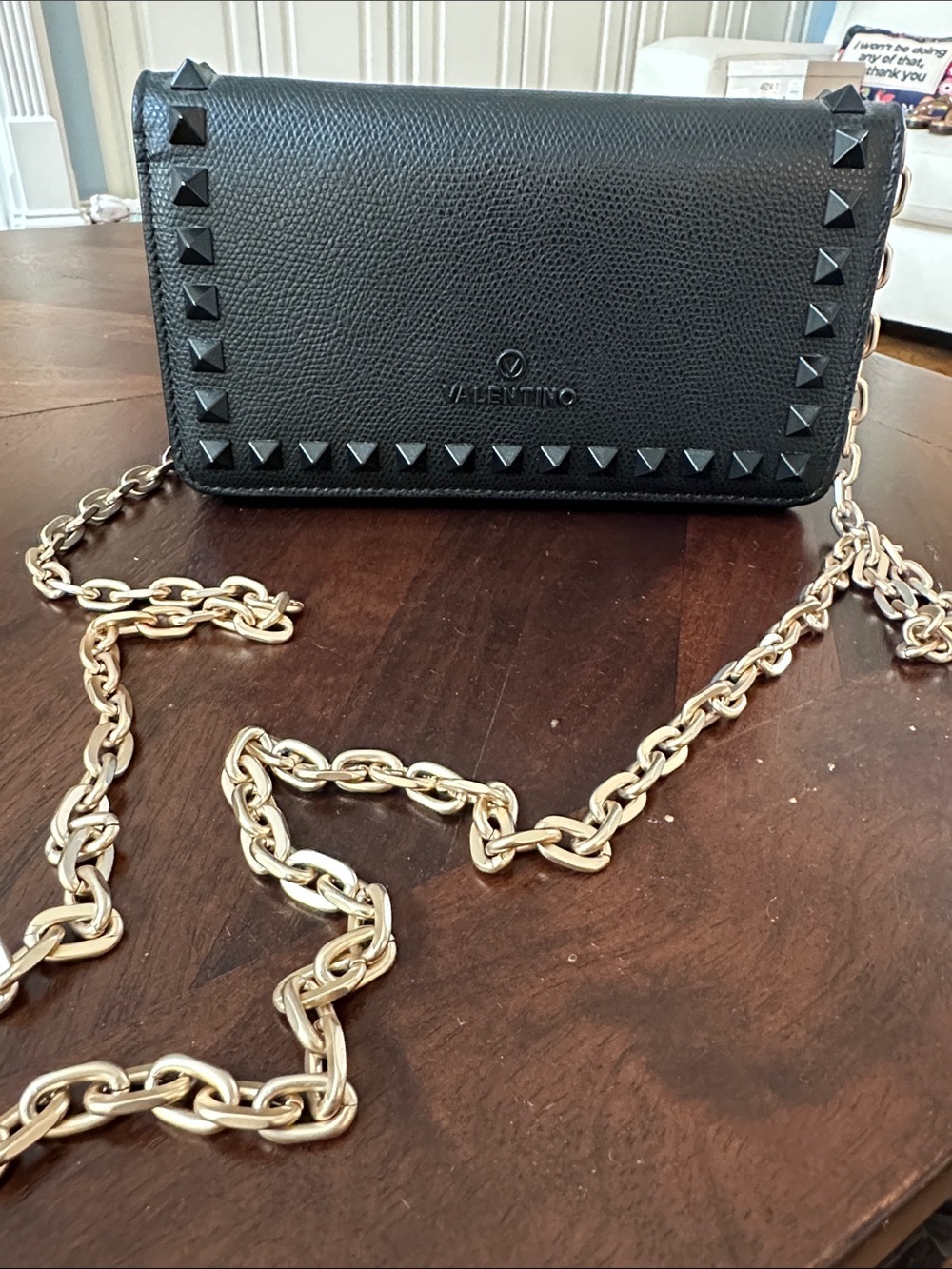 Valentino Black Leather Rockstud Crossbody Wallet with Gold Chain